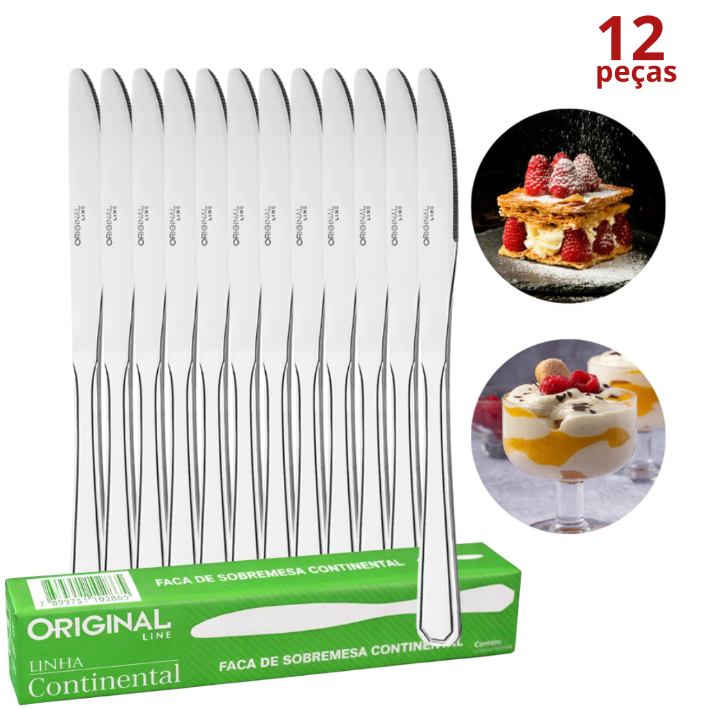 Jogo Faca de Sobremesa Aço Inox  Kit C/12pçs Continental Talheres de Sobremesa Cozinha Faqueiro