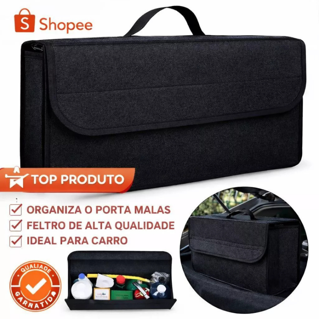 Organizador de Porta-Malas Carro Feltro Preto – Resistente, Dobrável, Multiuso, Alta Durabilidade