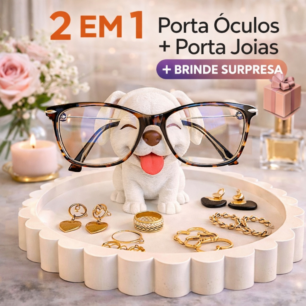 Porta Óculos Cachorro + Porta Jóias 2 em 1 Organizador de Acessórios Decorativo Presente Criativo