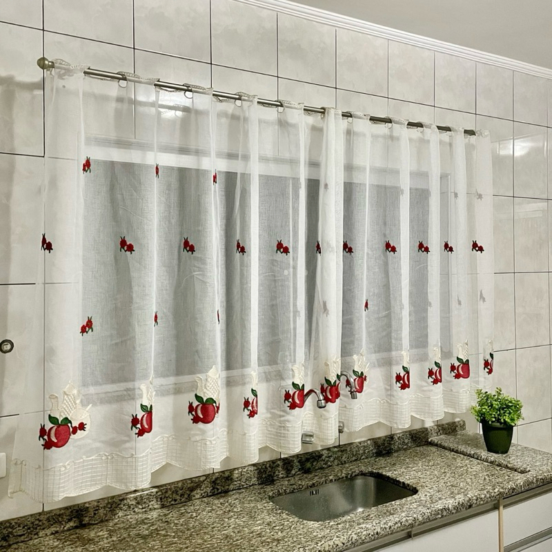 Cortina para Cozinha Voil Bordado Bule e Cereja Elegante 3 e 4 Metros