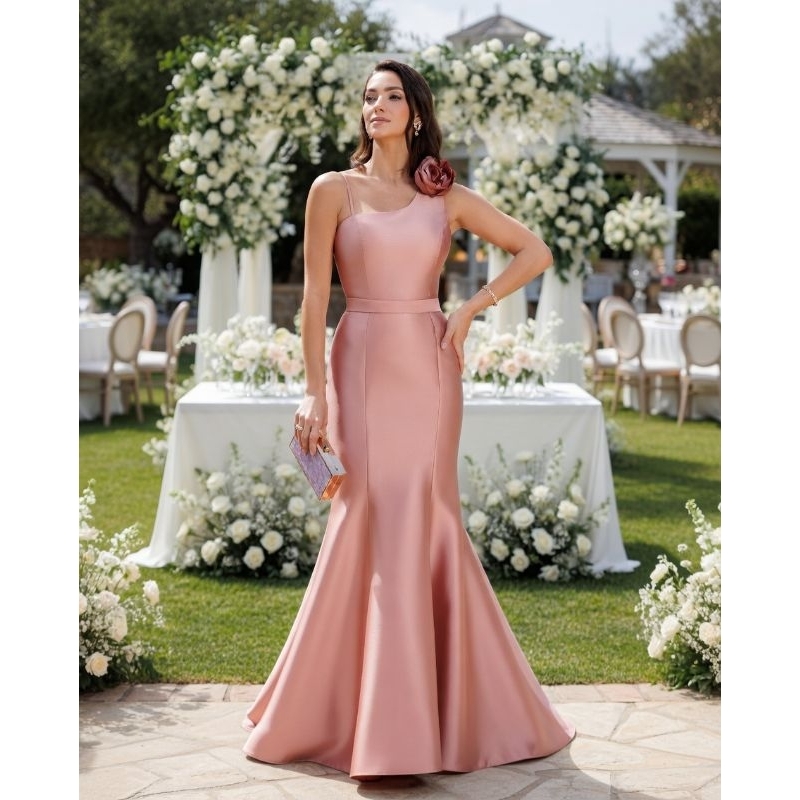 Vestido de Festa Longo Rose Zibeline Sereia c /Alça Fina Carmem