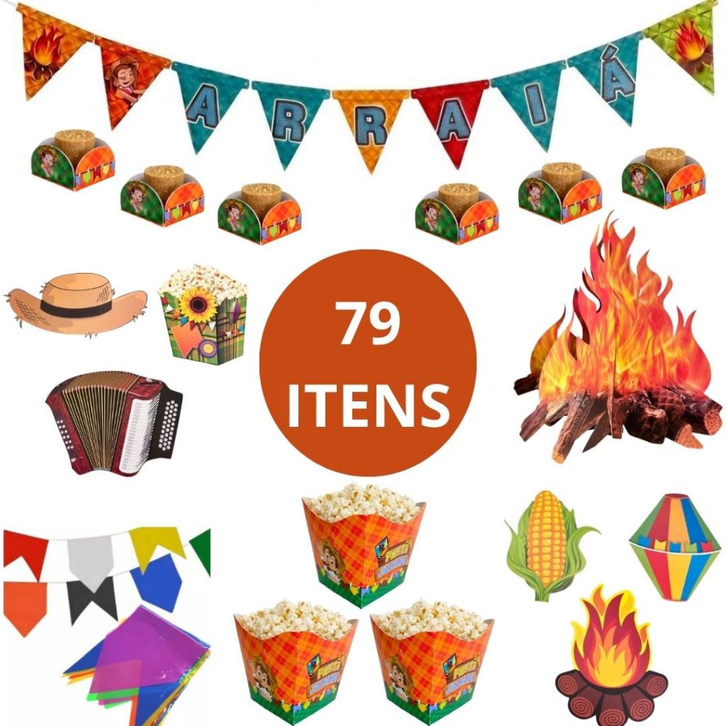 Kit Decoração de Mesa com 79 Itens de Festa Junina Bandeirinha São João Arraiá