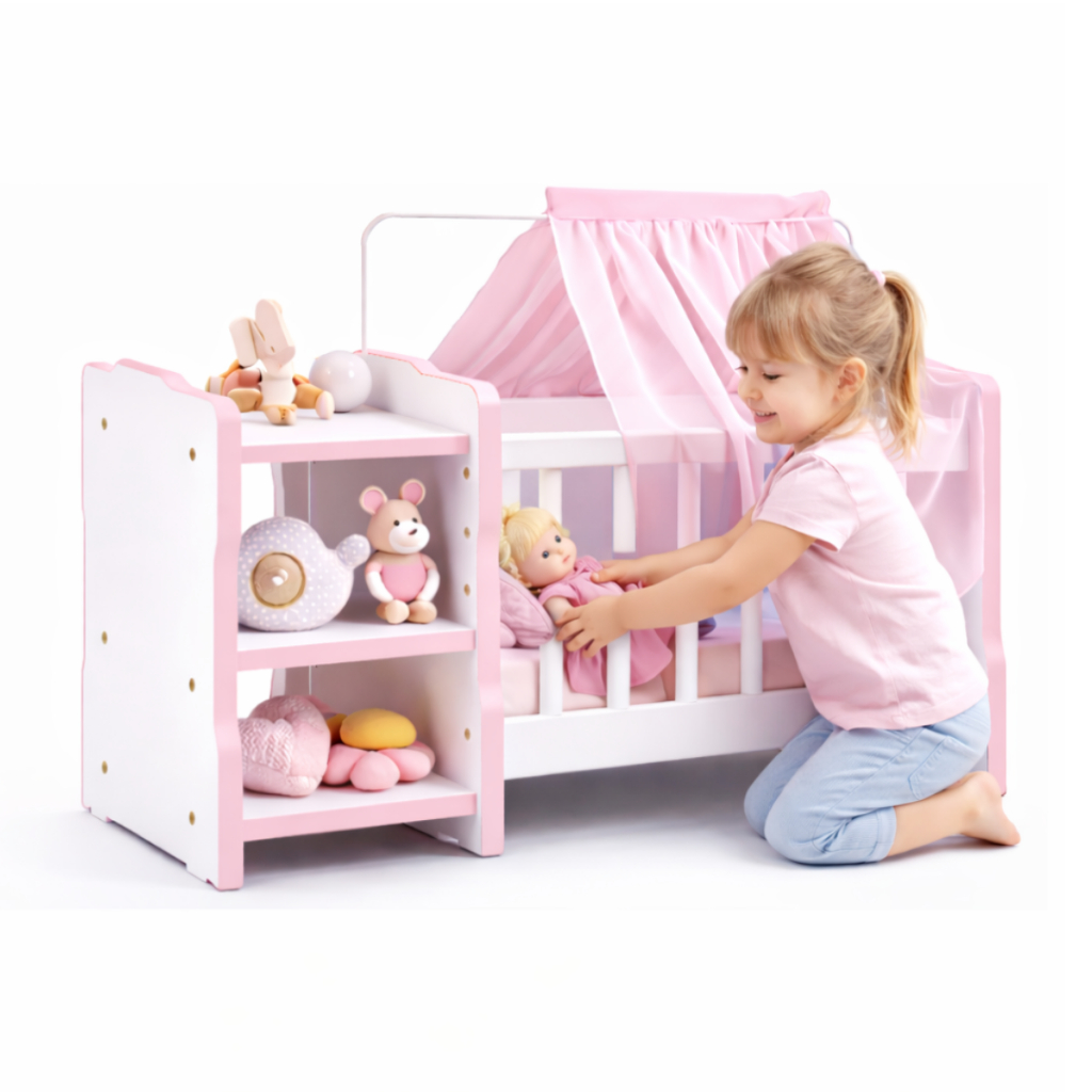 Brinquedo Berço de Boneca Infantil Cômoda Véu Reborns 78cm comprimento