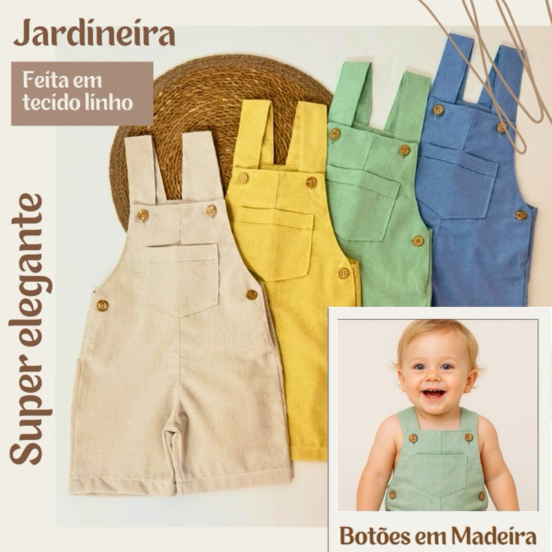 Jardineira Infantil Menino / Bebê - Macacão em Linho em Oferta na Shopee