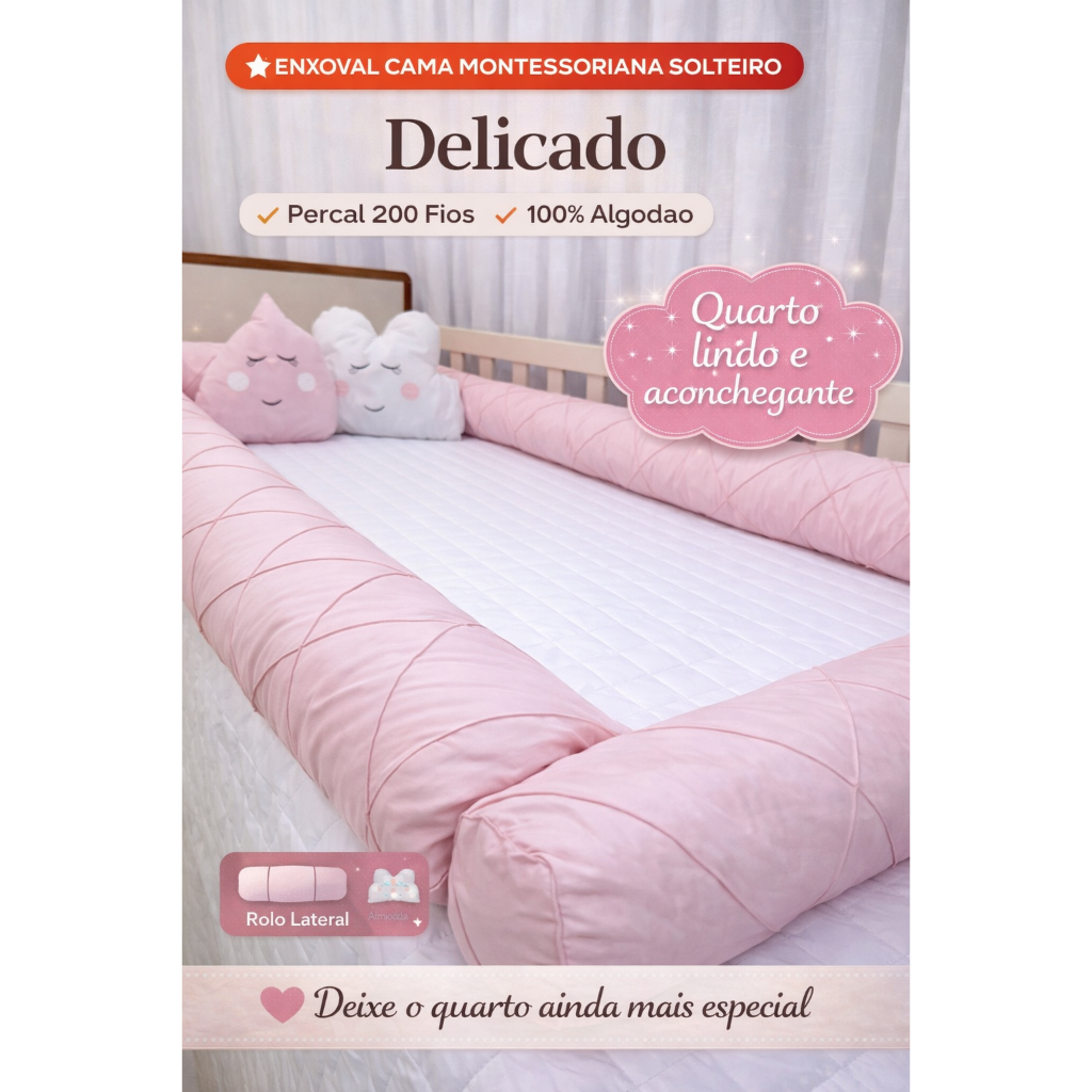 Enxoval Cama Solteiro Montessoriana 6 Peças Meninos e Meninas Nuvem Gota Rolo Protetor de Cama