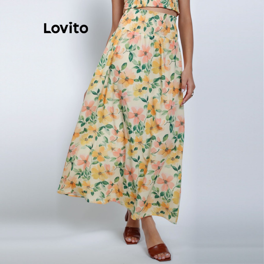 Lovito Bossa l Saia Longa Feminina Estampada Floral Delicada Amarela Com Pala de Lastex SKB15801610