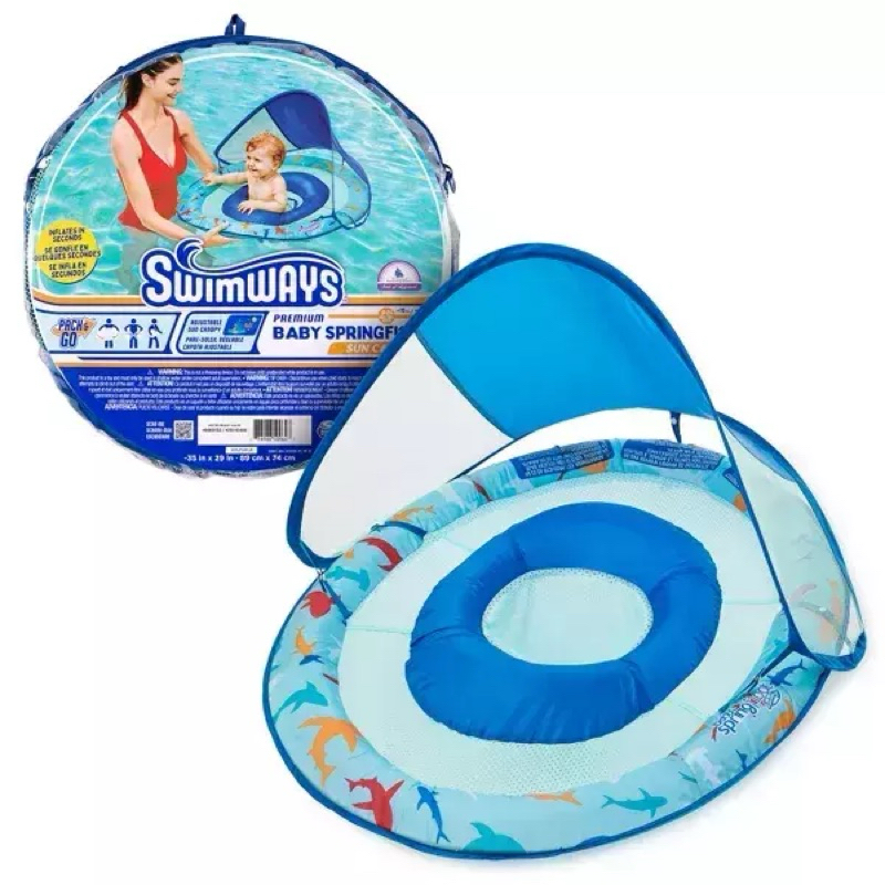 Boia Inflável Bebê com Capota UV50+ SwimWays Baby Spring Float 9-24 Meses Proteção Solar Piscina