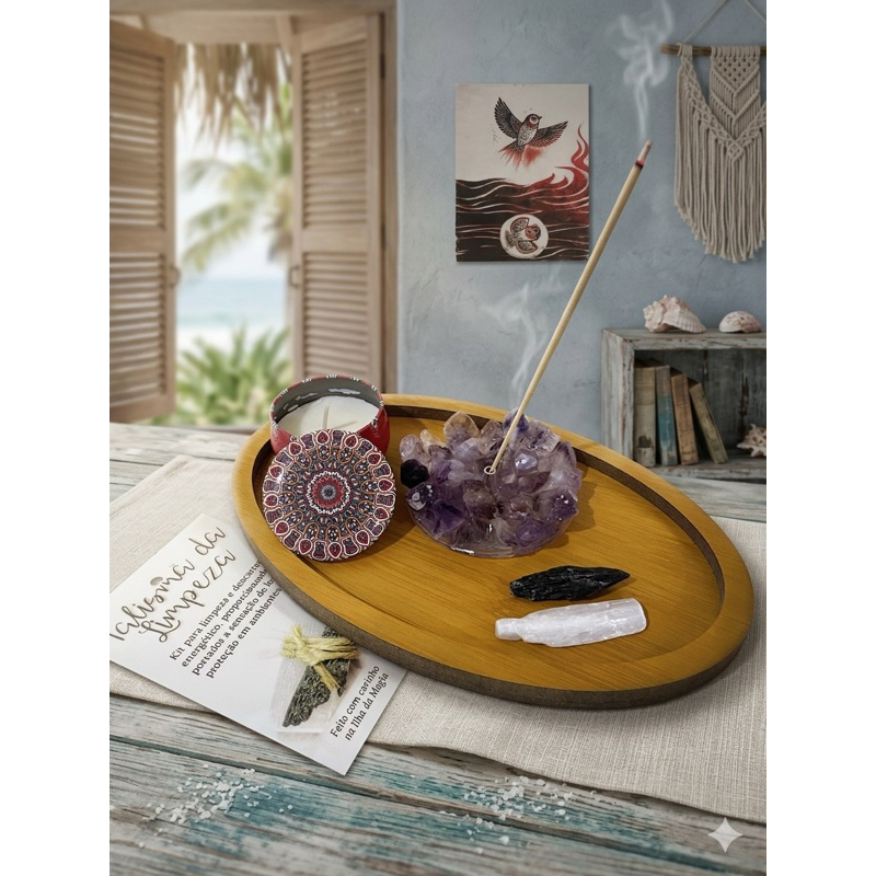 Kit Energia Proteção Ametista Natural + Turmalina Negra + Selenita + Vela Aromática Mandala