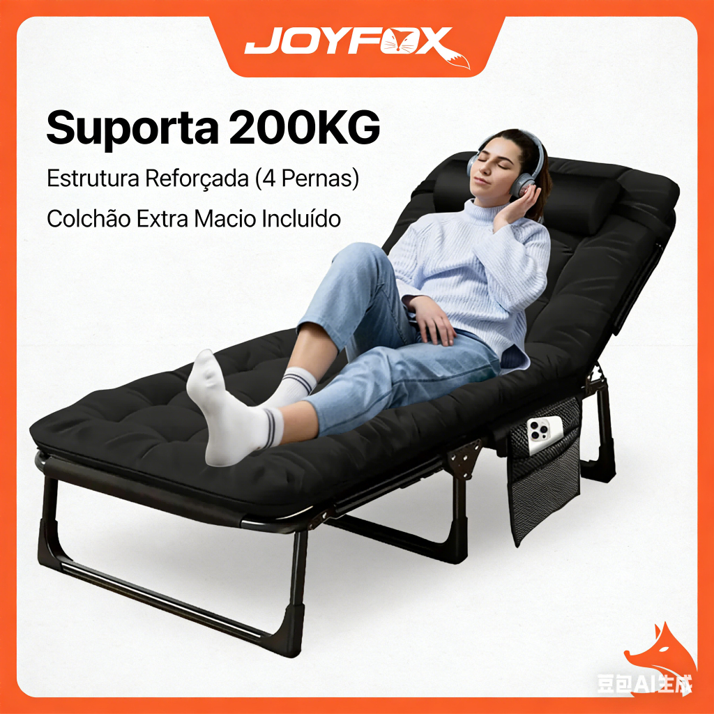 Cama Dobrável Portátil JOYFOX C/ Colchão Espreguiçadeira Para Camping Escritório Suporta 200kg 194x70cm