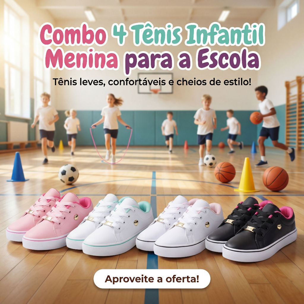 Combo 4 Tênis Infantil Menina Para Escola | Tênis Leves, Confortáveis e Cheios de Estilo | COMPRE JÁ
