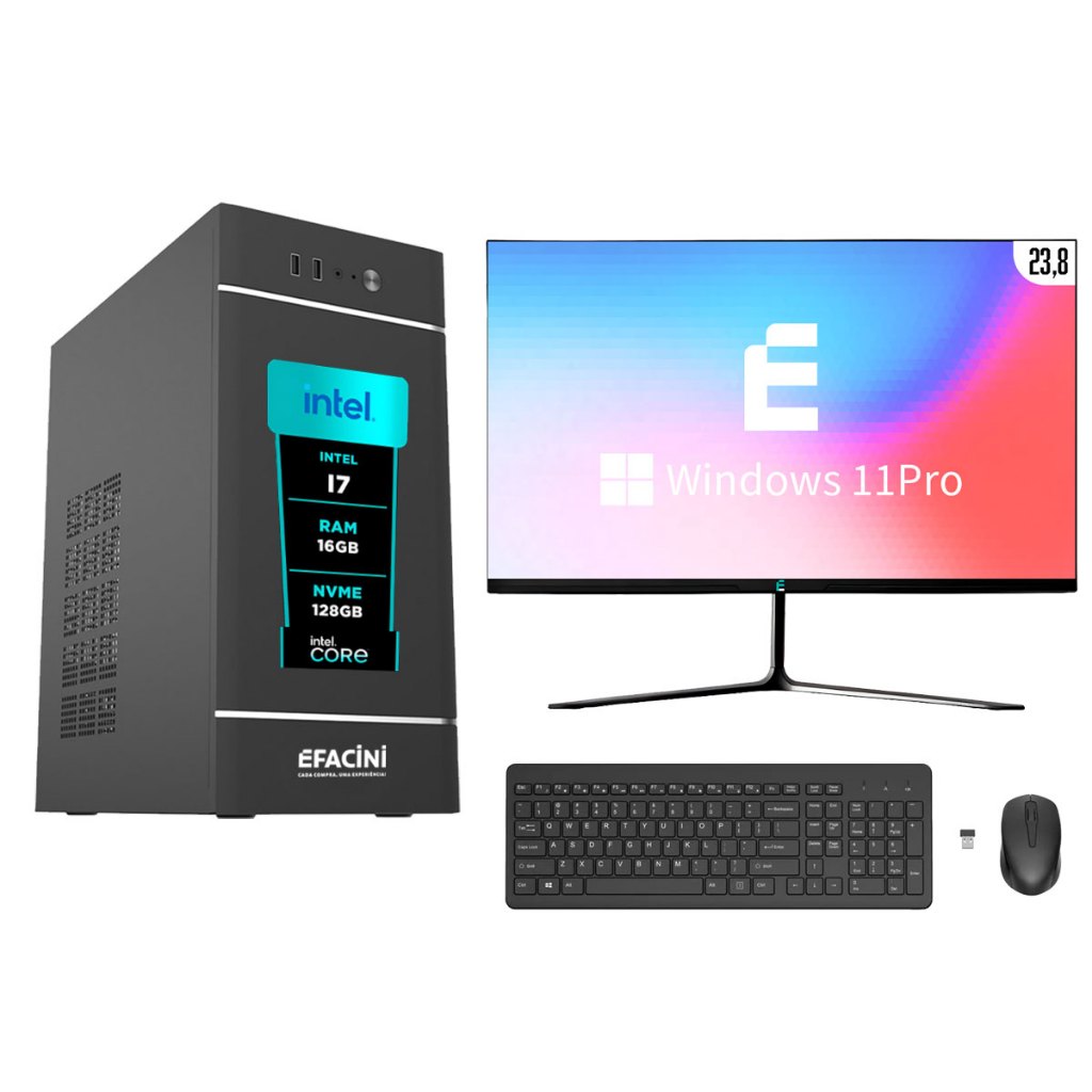 PC Computador Completo eFacini Intel Core i7 16GB Windows 11 Pro Kit sem Fio SSD Wi-Fi 6, Bluetooth 5.3