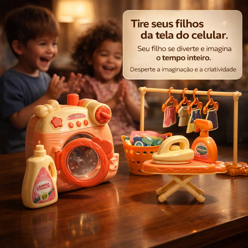 Kit Lavanderia Infantil Completo com Máquina de Lavar Ferro Tábua de Passar Acessórios Brinquedo Educativo Faz de conta