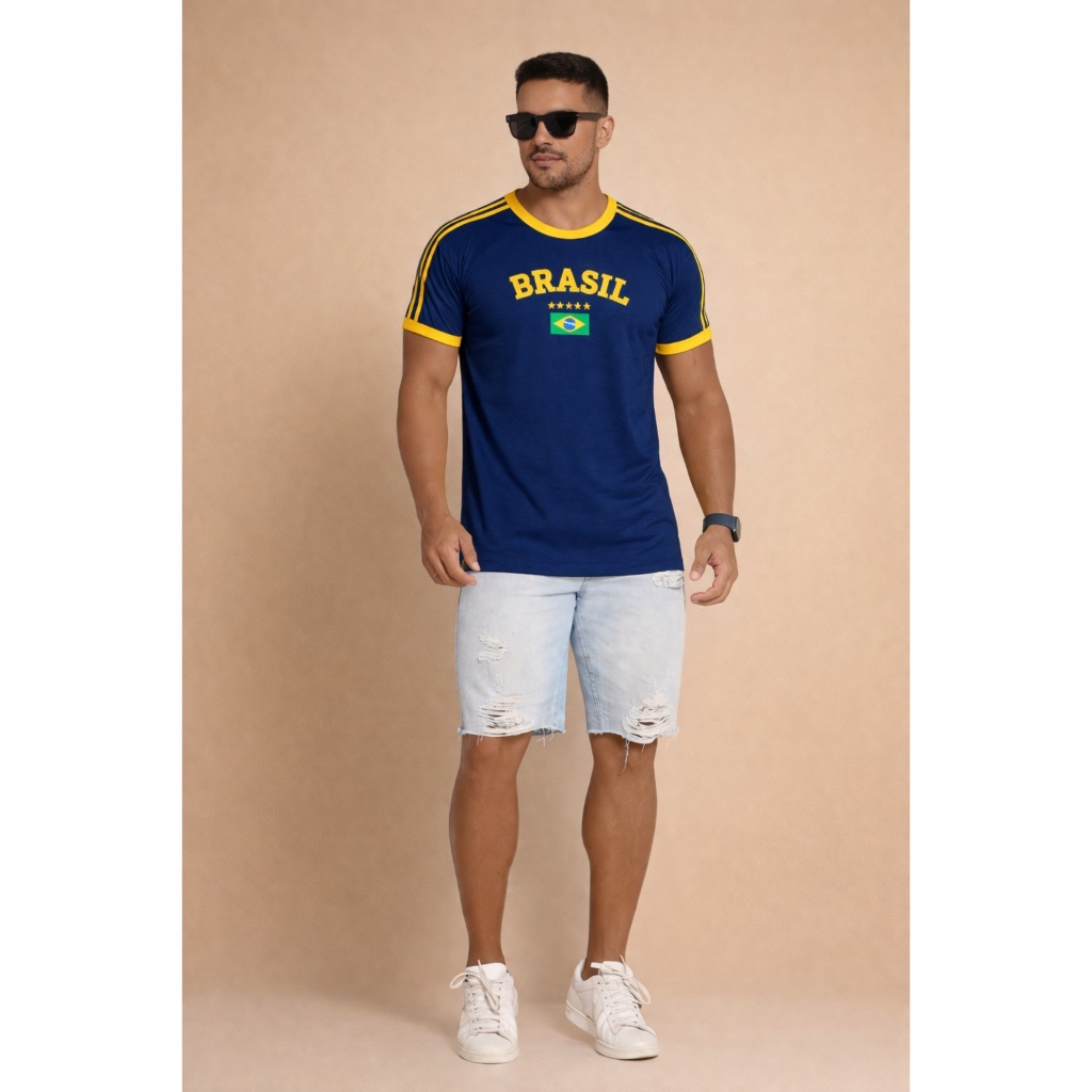 Camisa Bandeira do Brasil Bordada Torcedor Premium de Algodão