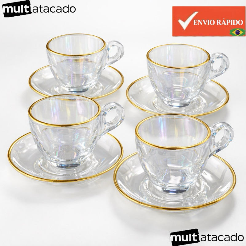 Conjunto 6 Xicaras Com Pires Vidro com Borda Dourada 200Ml Xicara De Cafe Grafiatto Luxo em Oferta na Shopee