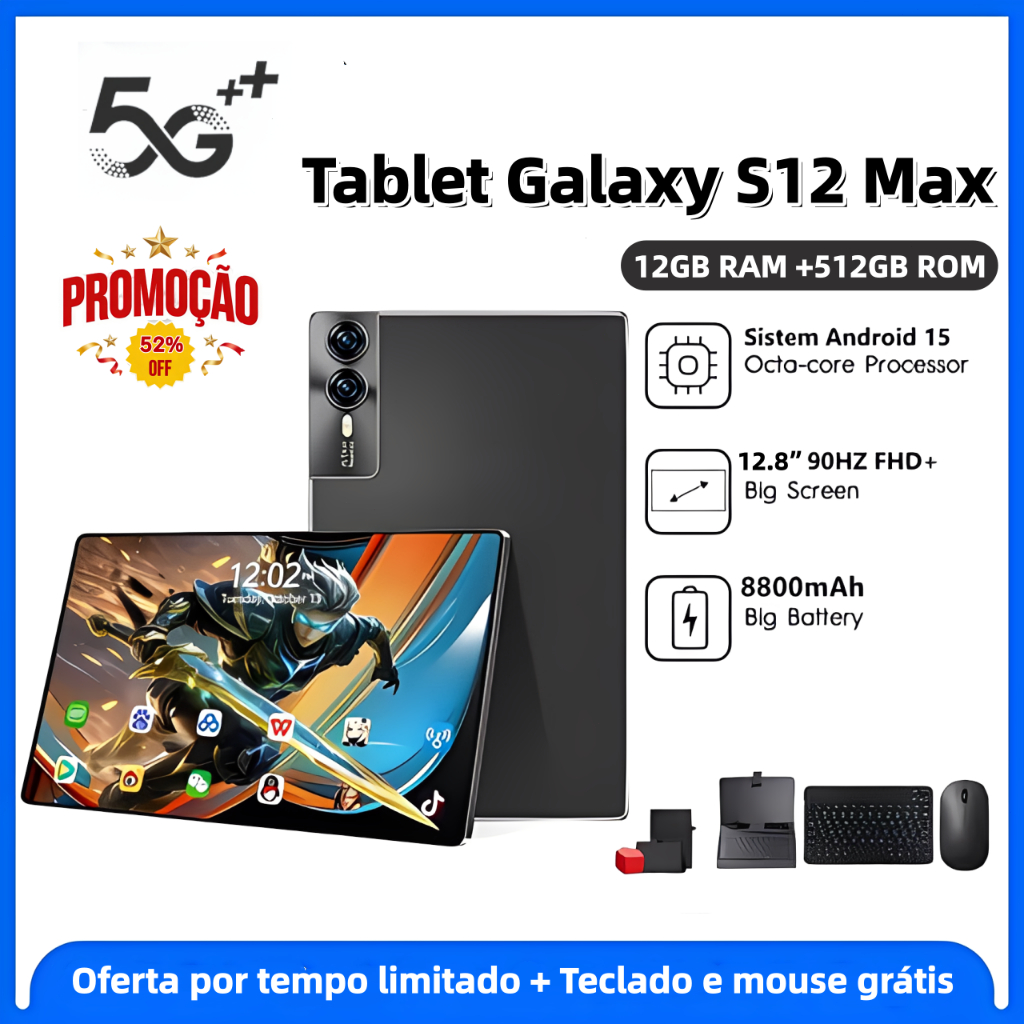Tablet Hancdon Galaxy Tab S12 Max 12.8" HD 48mp +24mp 12gb + 512gb Android 14 Bateria 8800mAh Som Teclado e Mouse Grátis - Miniatura 3