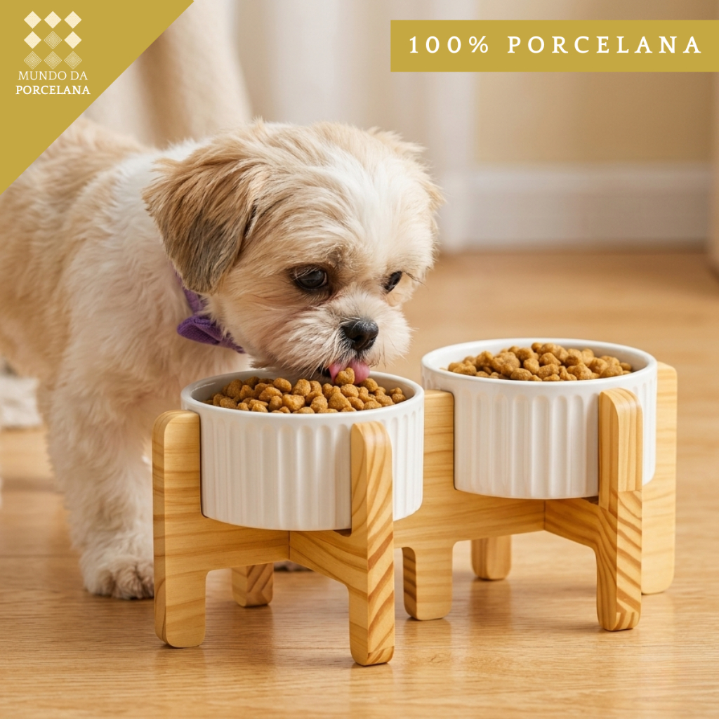 Comedouro Bebedouro Pet Elevado Duplo Pote Para Ração e Água Porcelana 320ml em Oferta na Shopee