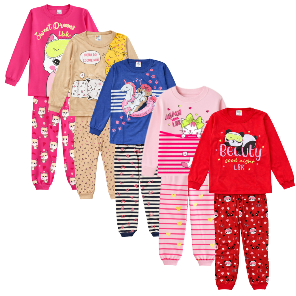 kit sortido pijama infantil 4 peças manga longa 2 calças +2 blusas 100% algodão feminino menina frio em Oferta na Shopee