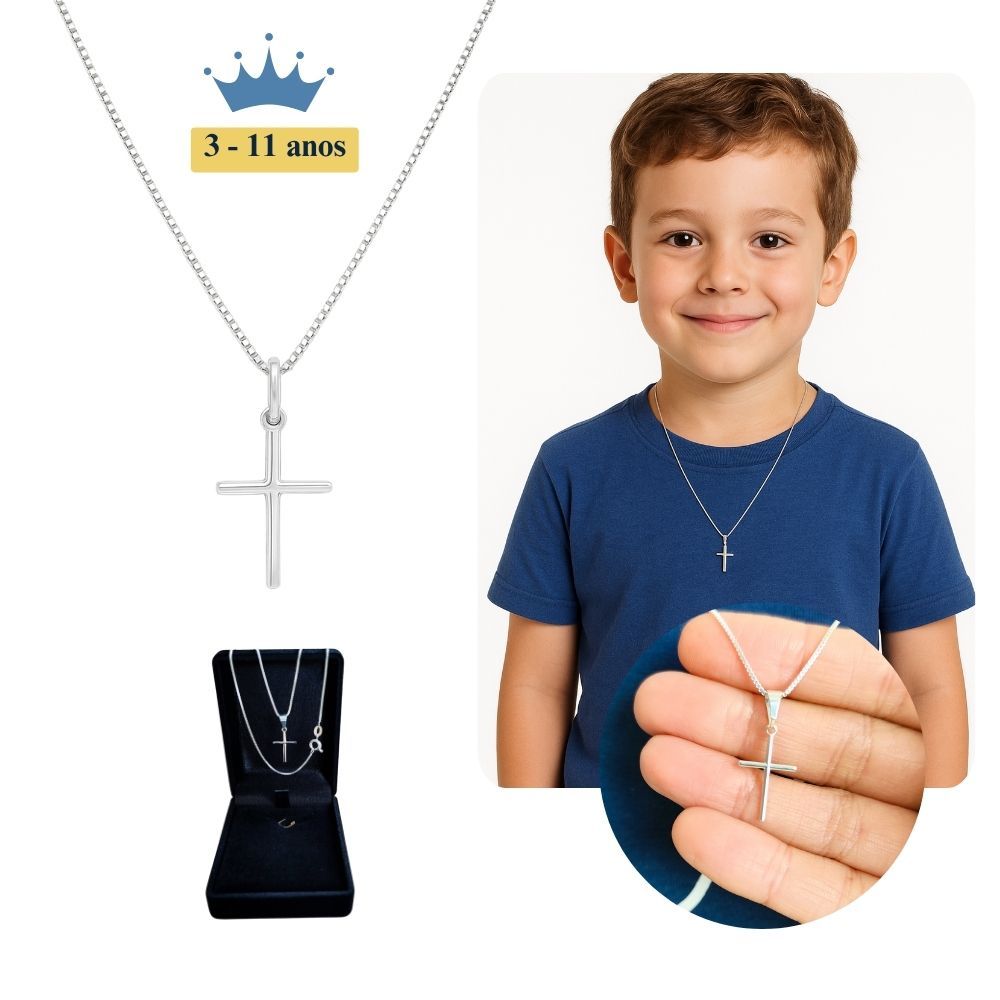 Correntinha Infantil Menino Com Pingente Cruz Palito Banhado a Prata 925