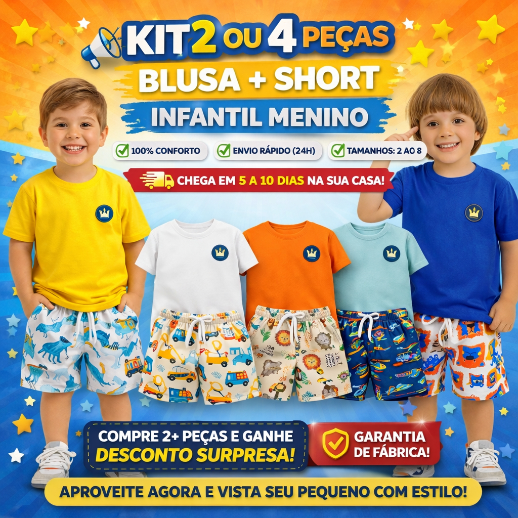 Kit 2 ou 4 Peças - Roupa Infantil Menino Camiseta Menino Algodão   + Bermuda Tactel