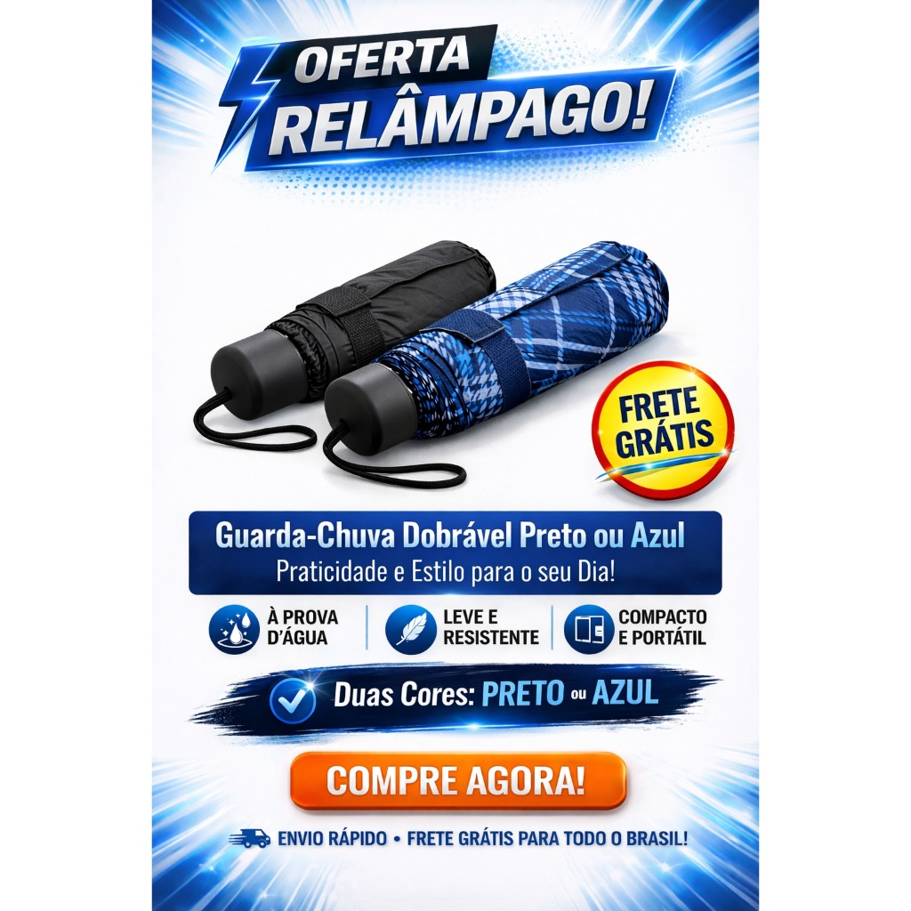 ☂️ Guarda Chuva Reforçado  Dobrável Sol  Sombrinha Compacto Resistente Promoção - Preta ou Azul