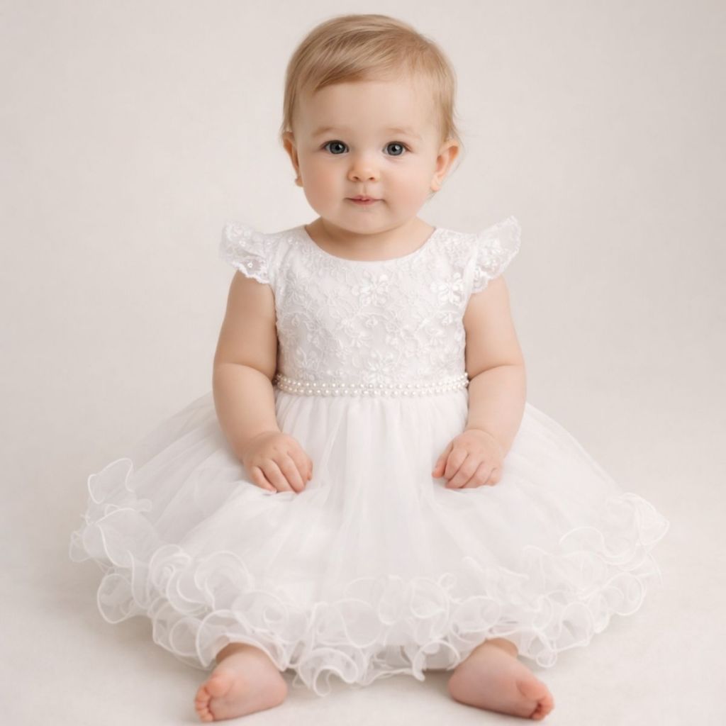 Vestido De Bebê 0 Meses até 4 Anos Menina Branco Batizado Saia Tule Manga curta Cinto Perolas Renda