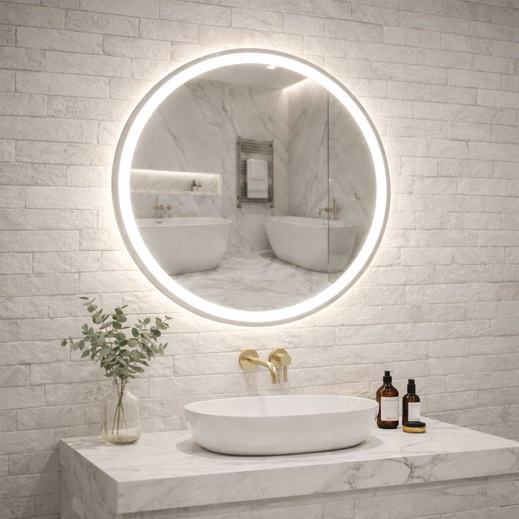 Espelho LED Redondo 60x60 Touch 3 Cores Ajustável Bivolt Banheiro Moderno