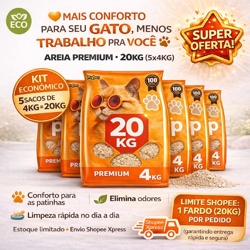 Kit 20 kg Areia de Gato Natural Sanitária Argila Absorvente Ecológica Antiodor Popstar Tradicional