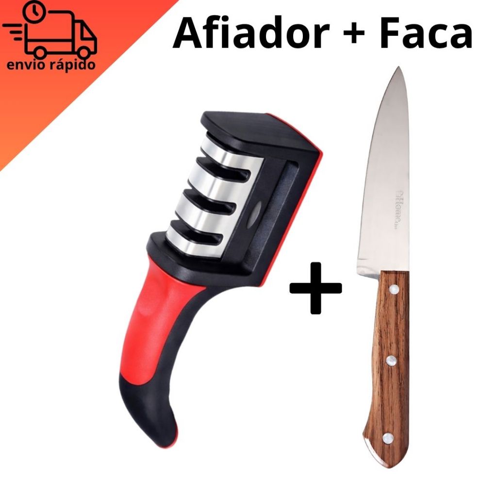 Imagem Kit Afiador de Facas Profissional 3 Estágios + Faca Inox Cozinha Churrasco