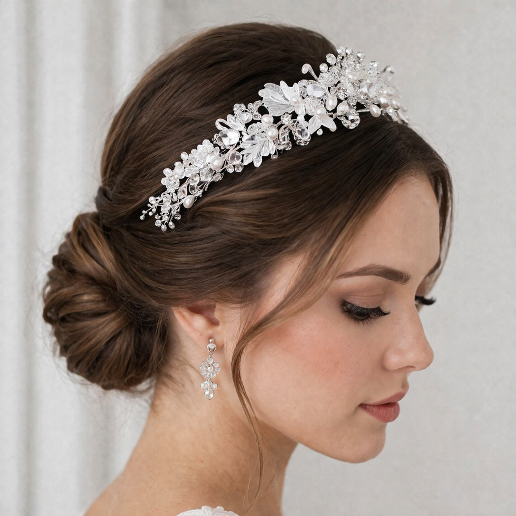 coroa tiara porta coque Branco Floral Prata luxo para noiva casamento no ar livre debutante festa de 15 anos