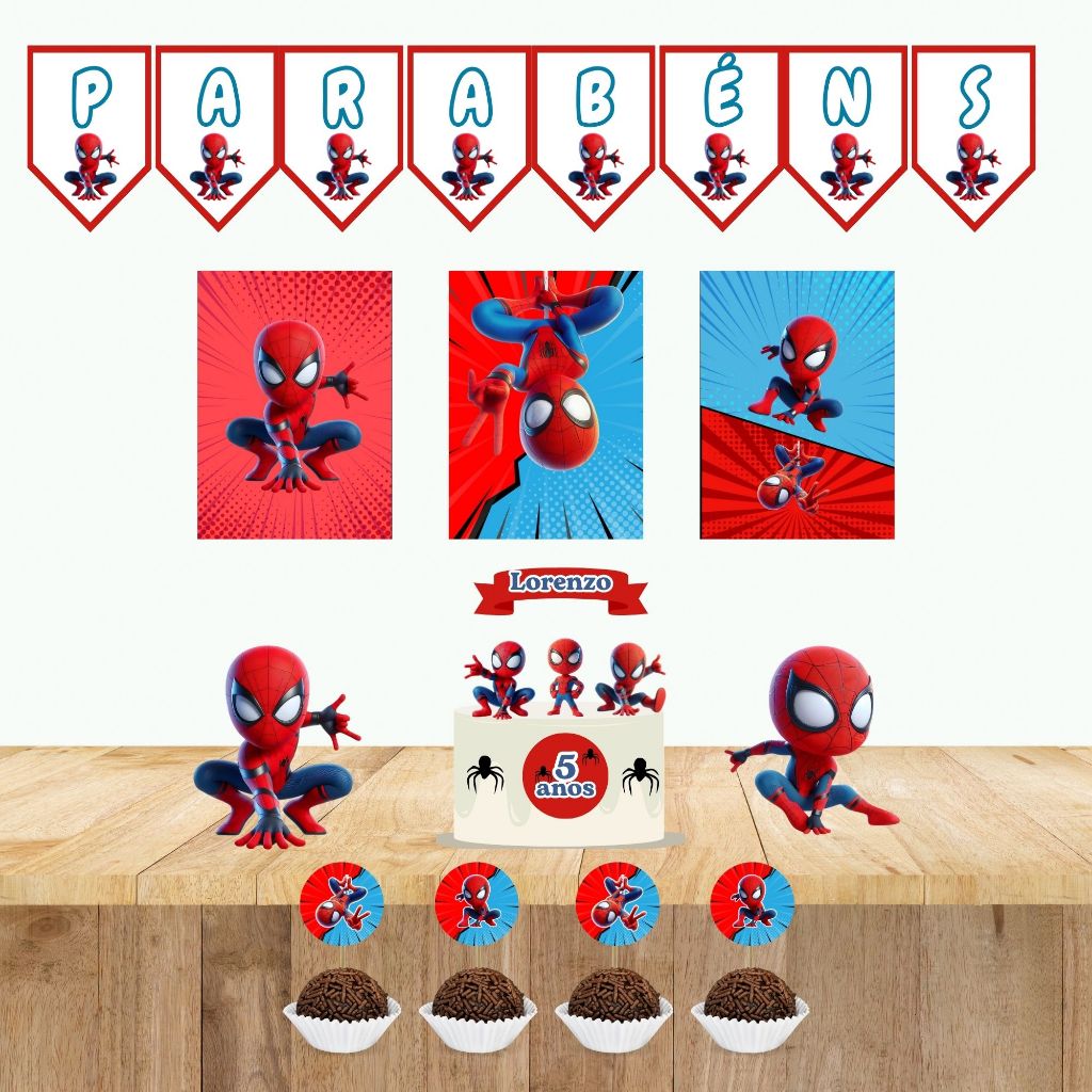 Kit Só Um Bolinho Homem aranha cute | Topo de bolo + Bandeirola+ Poster + Tags de doce+ Display | Decoração Festa