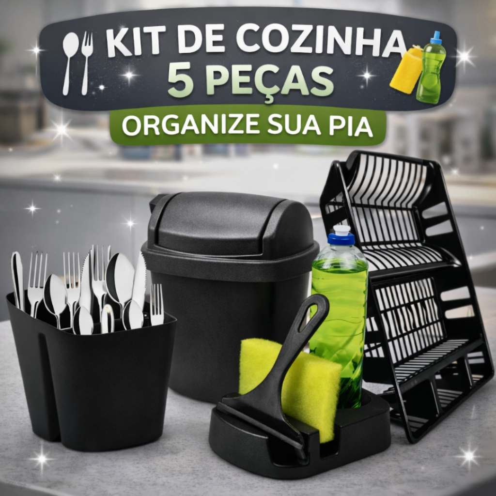 Kit Cozinha Escorredor Lixeira Rodo de Pia Porta Talher Porta Detergente Multiuso