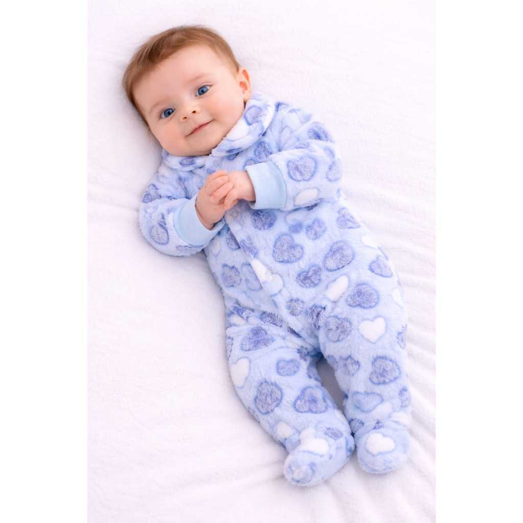 Macacão Tip Top Bebê Prematuro em Fleece Azul 3D Corações