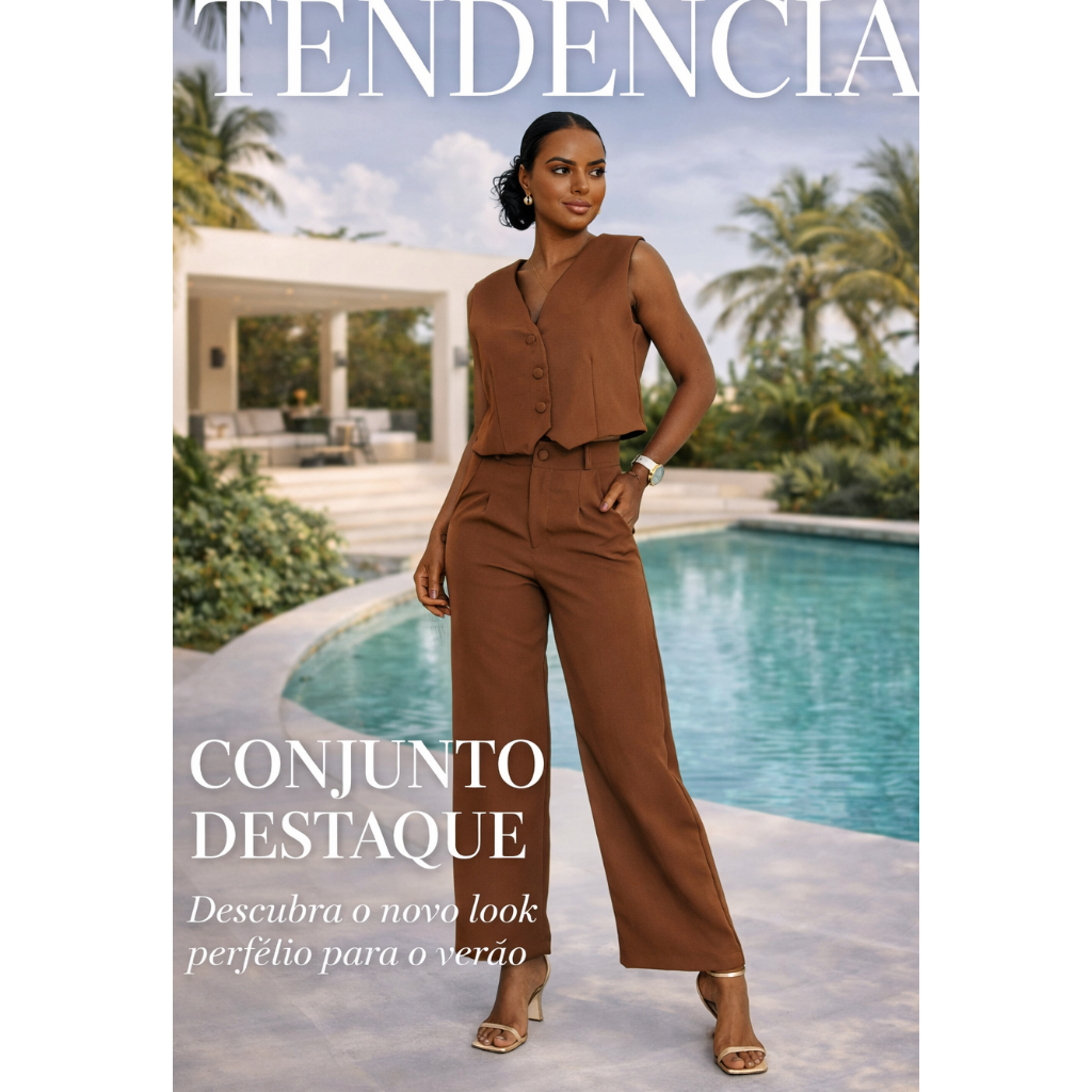 Conjunto Alfaiataria Femenino  Classico Calca Pantalona mais Colete  Sen Mangas Cintura Alta