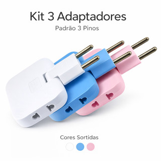 Kit 3 Adaptadores de Tomada 2 Pinos Padrão Brasileiro Bivolt Universal