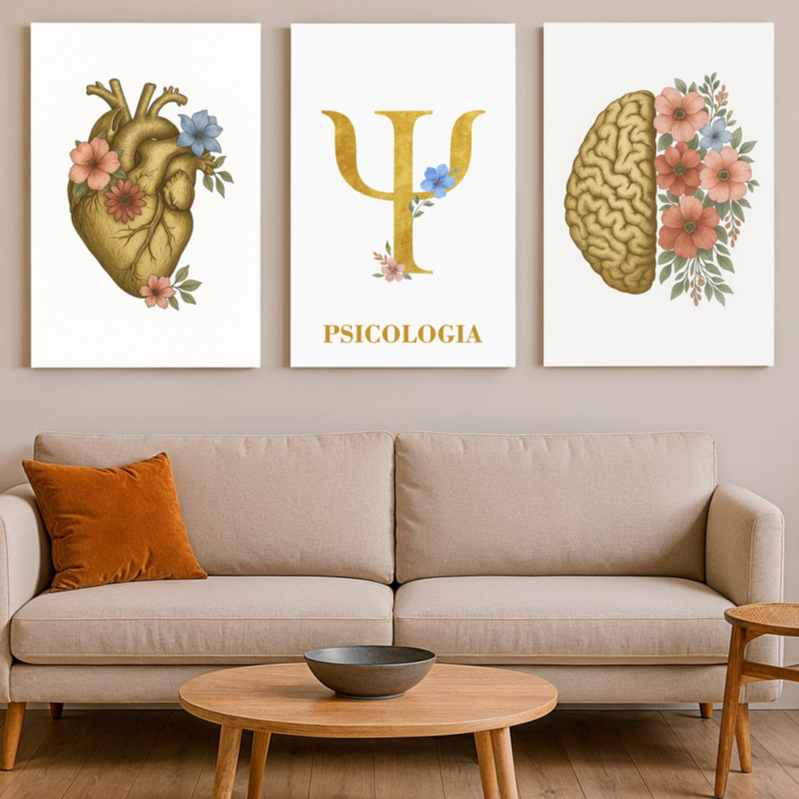 Quadro Decorativo 3 Peças Psicologia Coração Cérebro Símbolo Psicologia IMAGEM FULL HD