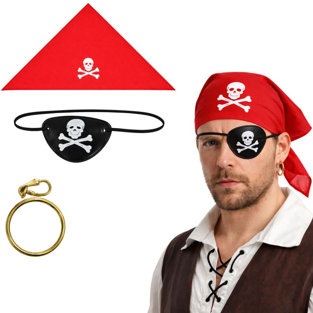 Kit Pirata Fantasia Tapa Olho Bandana Brinco Acessorio Halloween Infantil