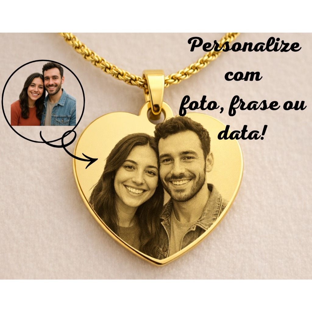 Colar Coração de Aço Banhado a Ouro 18K Personalizado a Laser, Foto, Frase, Simbolo, Iniciais, Data.