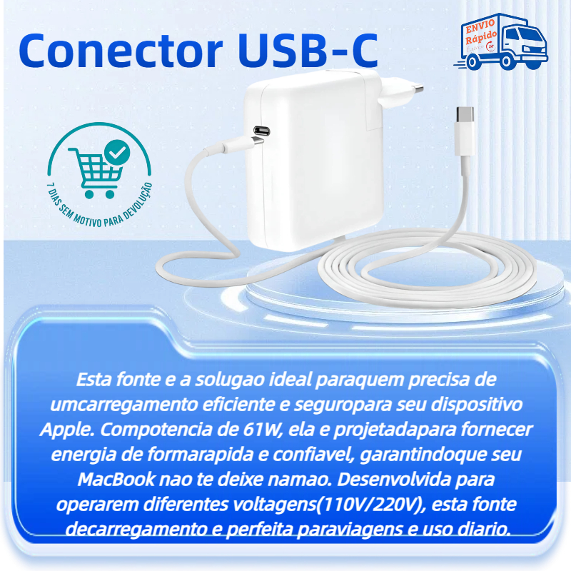 Fonte Carregador 61w Usb C Compativel Macbook Pro 2016 2017 2018 2019
