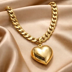 Conjunto Feminino Banhado a Ouro 18K Cordão Grumet Grosso Fecho Gaveta + Pingente Coração Grande