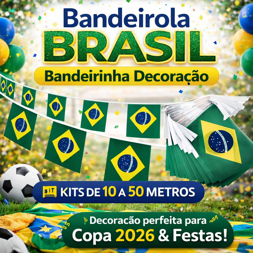 Bandeirinha Brasil - 10 a 50 metros Bandeirola Decoração Copa 2026 Festa Futebol Seleção Brasileira