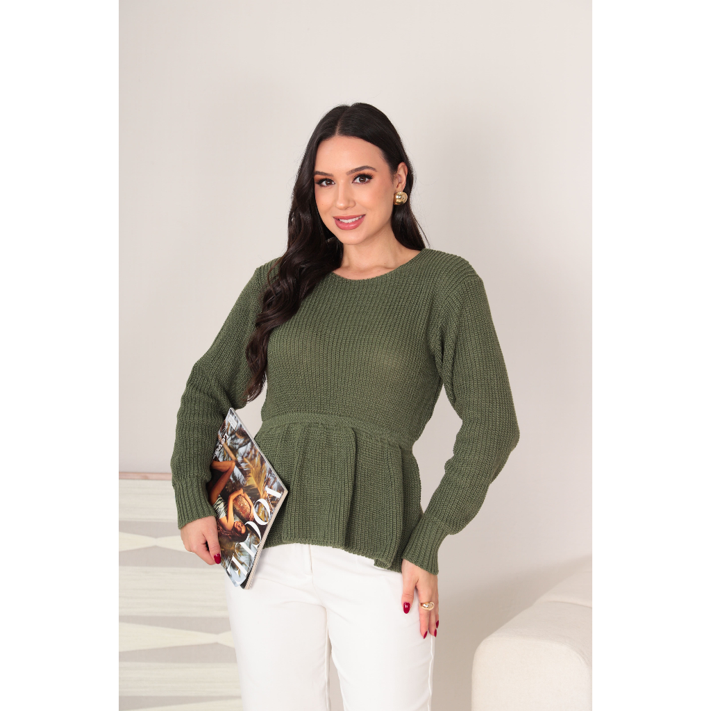 Blusa Feminina Peplum Tricot Premium Confortável Moda Outono Inverno Tendência 2026 Babado Elegante