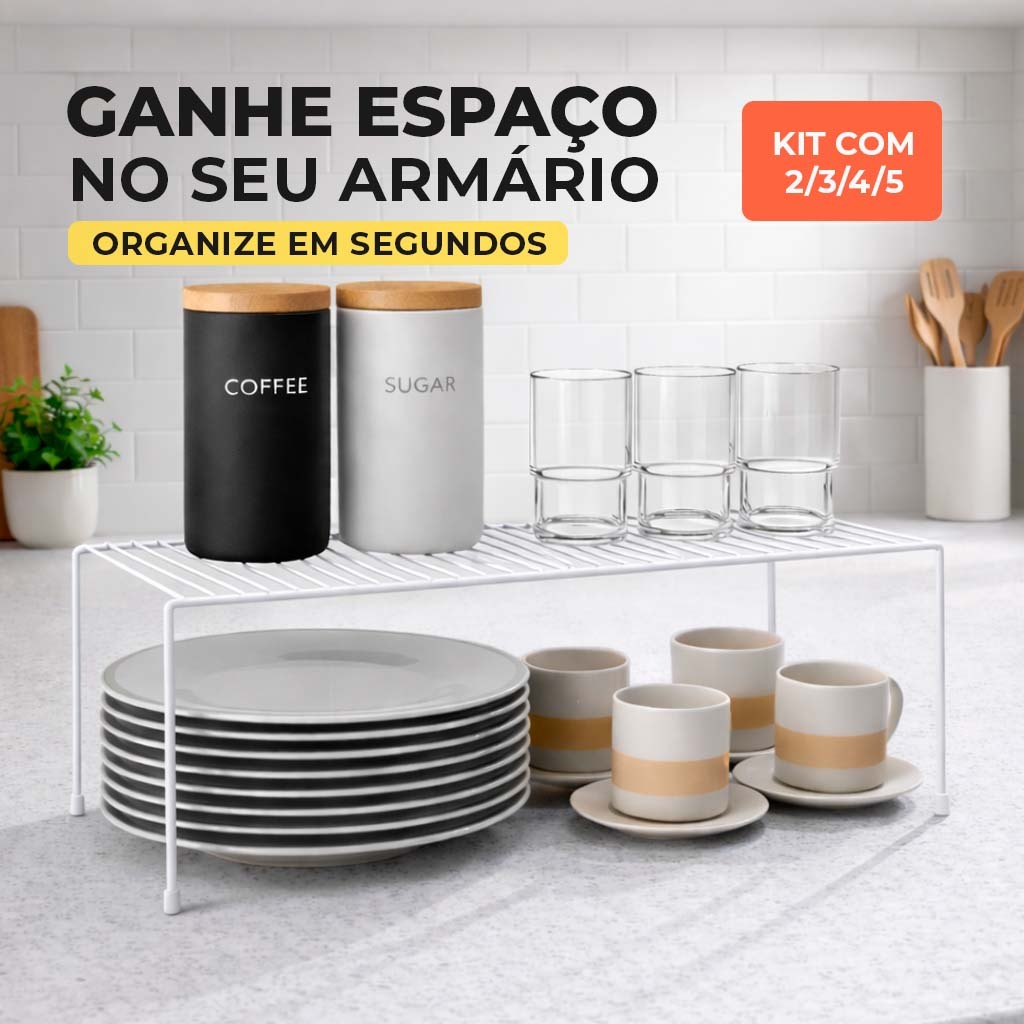 Kit Organizador de Armário Cozinha Prateleira Suspensa Multiuso Suporte Porta Pratos Copos Branco