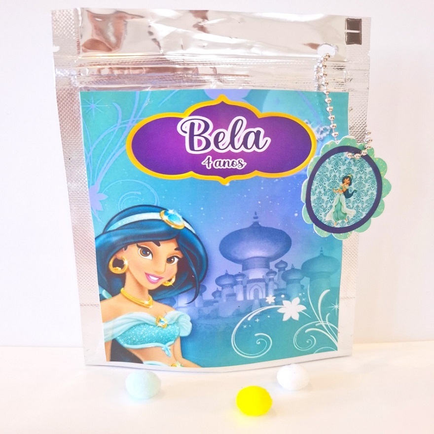 SAQUINHO METALIZADO ZIPLOCK PRINCESA JASMINE LEMBRANCINHA PERSONALIZADA PARA FESTA INFANTIL/Aniversário P