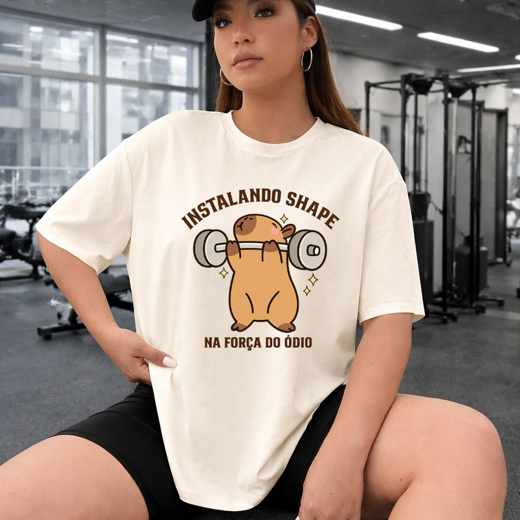 Camiseta Feminina Oversized Shape Capivara desenho Gym Academia Treino Camisetão 100% Algodão Moda