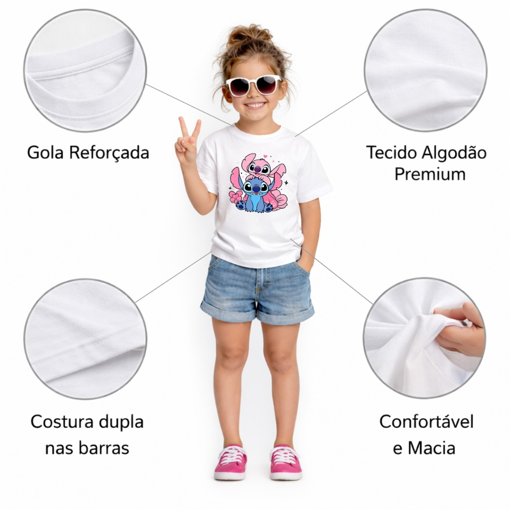 Camiseta Infantil Menina Stitch e Angel Amor Love Coração Fofos Blusa em Algodão Premium Juvenil — imagem 2 de 2