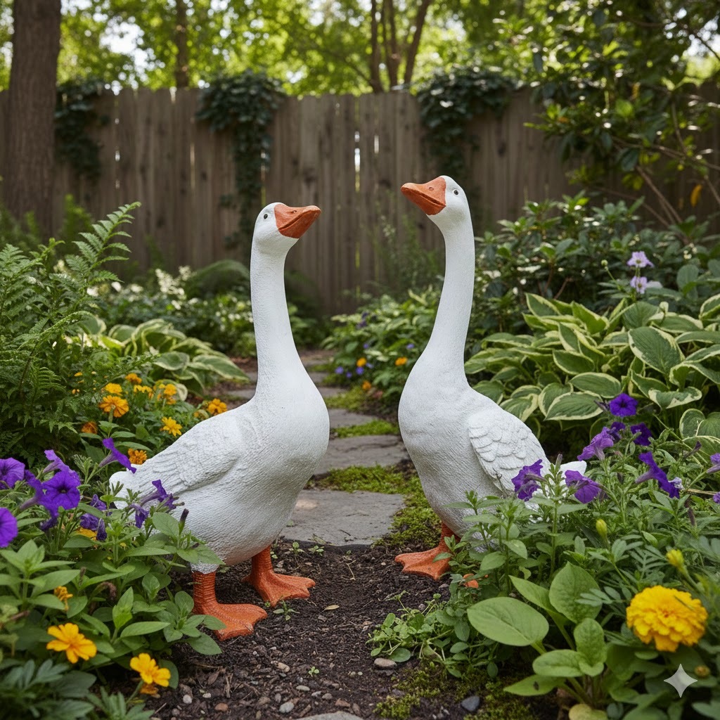 Casal de Gansos Decorativos em Resina Branca – Estátuas Jardim Varanda