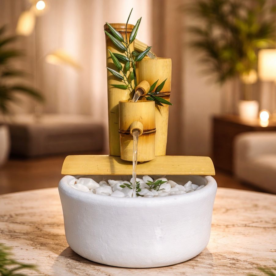Imagem Fonte de Água Bambu Zen 3 Quedas Branca Fonte de Mesa Feng Shui Cascata Relaxante Decorativa