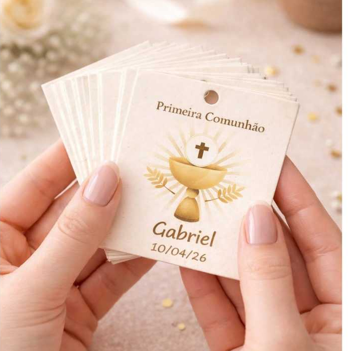 Tag Primeira Comunhão Personalizada 4x4 cm com Nome e Data Lembrancinha Batizado/Eucaristia/Crisma