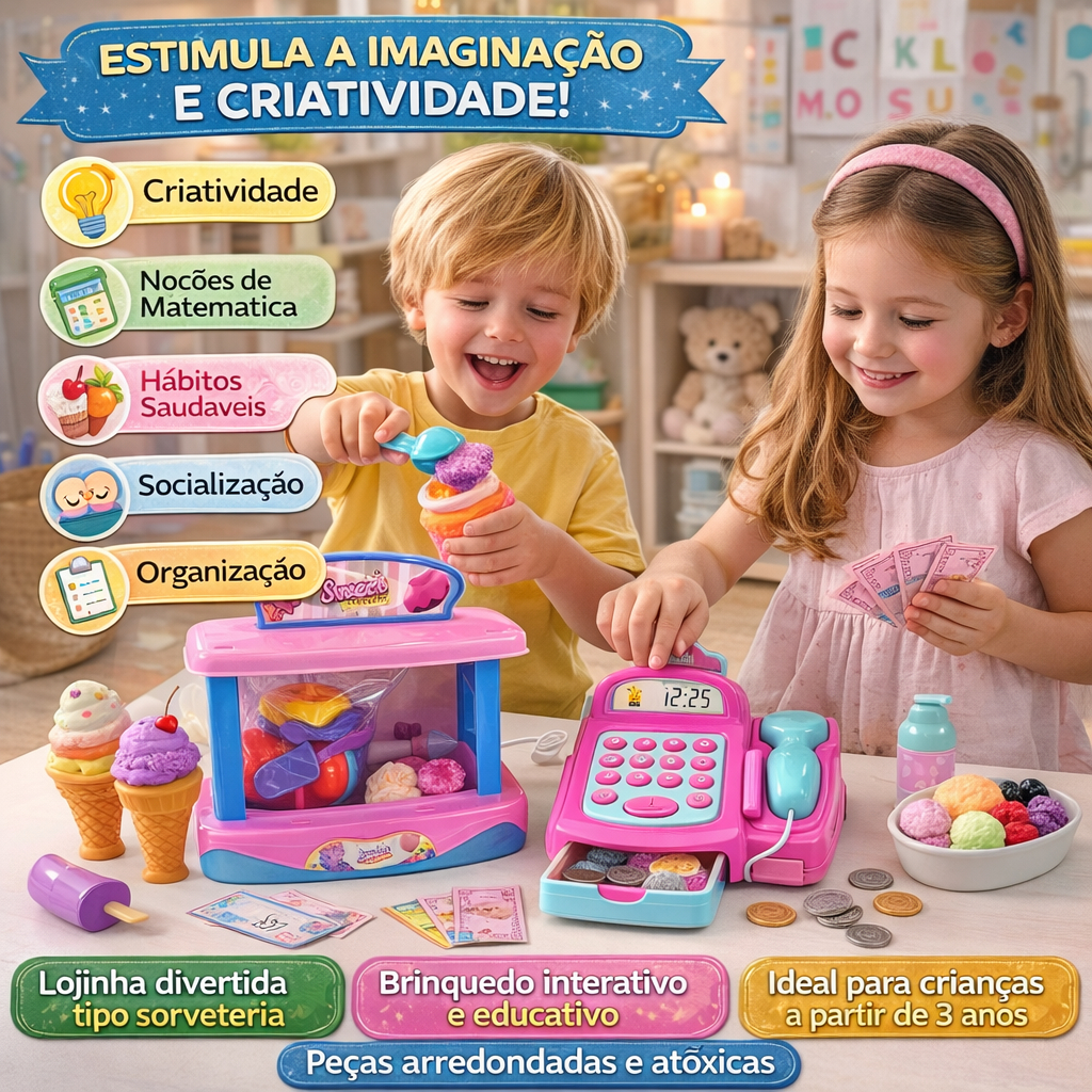 Kit Caixa Registradora Infantil Brinquedo Educativo Sorveteira Colorida Diversao Crianca