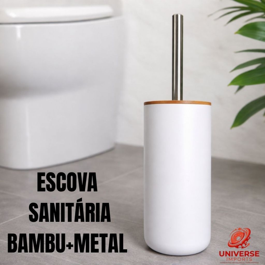 Escova Sanitária de Bambu Cabo Metal com Suporte luxo | Escova para Vaso Sanitário Ecológica, Resistente, Moderna E Liso